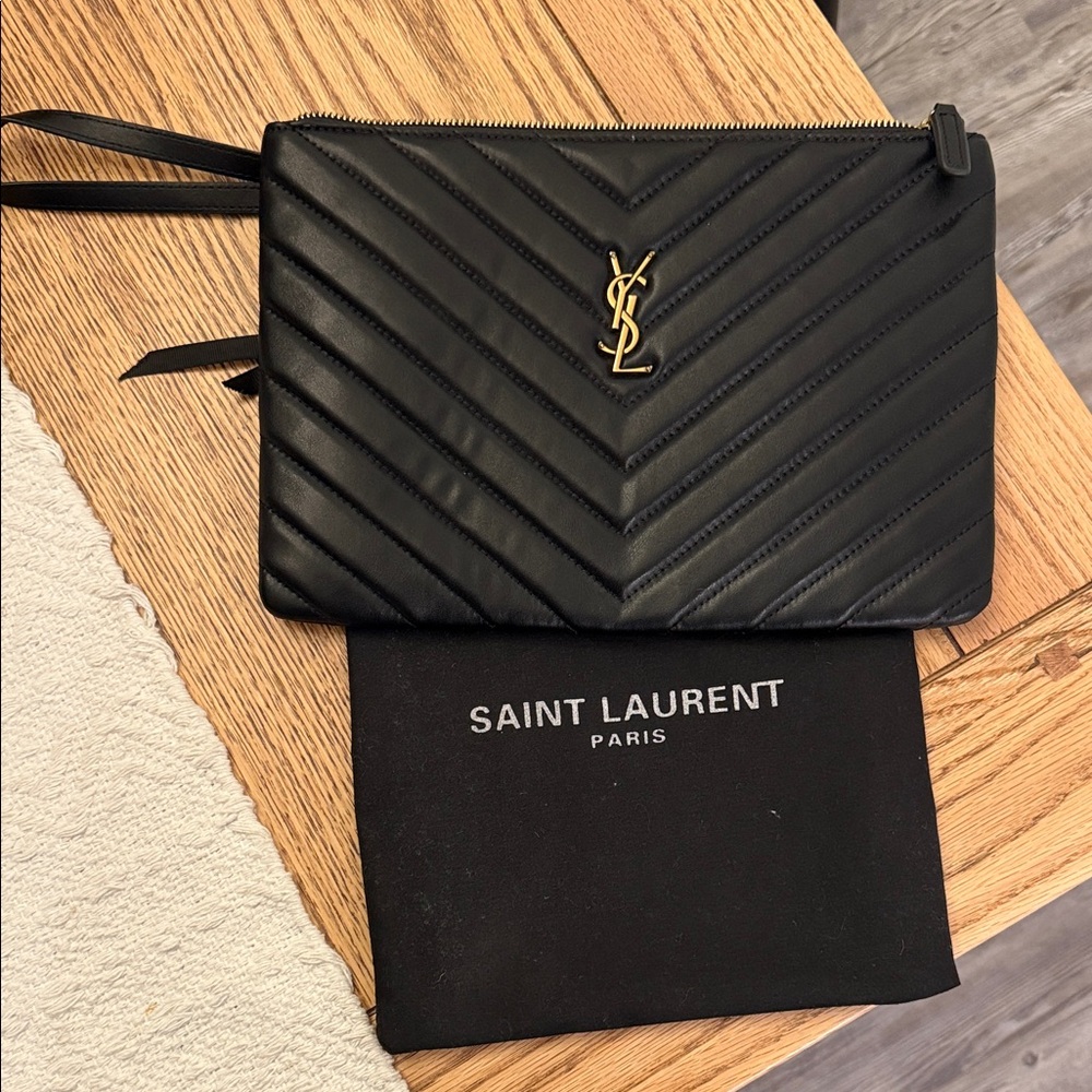 Saint Laurent Black Chevron Pouch with Gold Logo